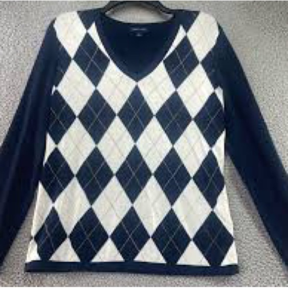 Tommy Hilfiger Navy and White Argyle V-Neck Sweater